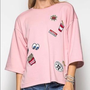 She and Sky Pink 3/4 Sleeve Pop Art Patch Sweatshirt Size Large